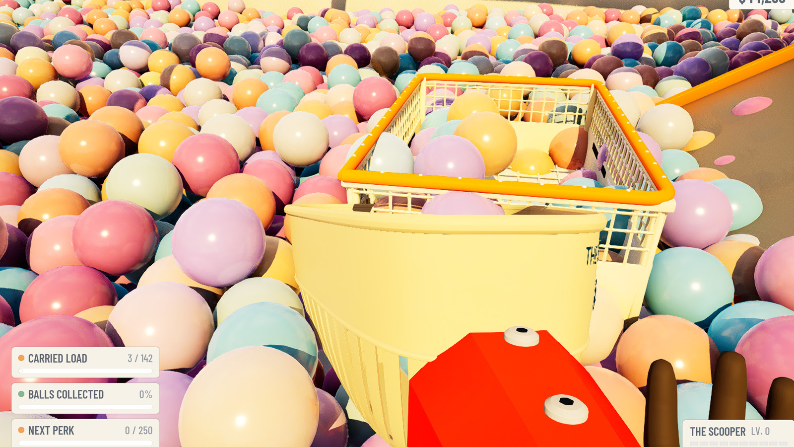 Ball Cart No. 1 trailing behind the player through the pit, its wire crate half full of balls, the Scooper in shot.
