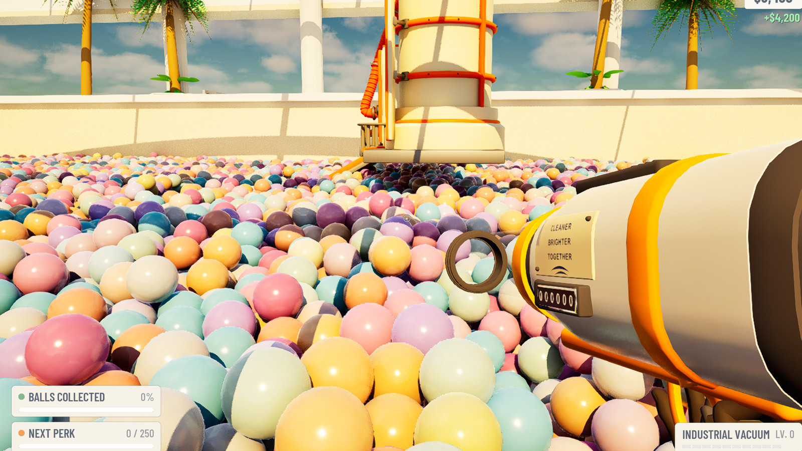 First-person view across a pastel ball pit in a sunlit atrium, palm trees and a glass roof behind, the Pitworks industrial vacuum held in the player's hands.