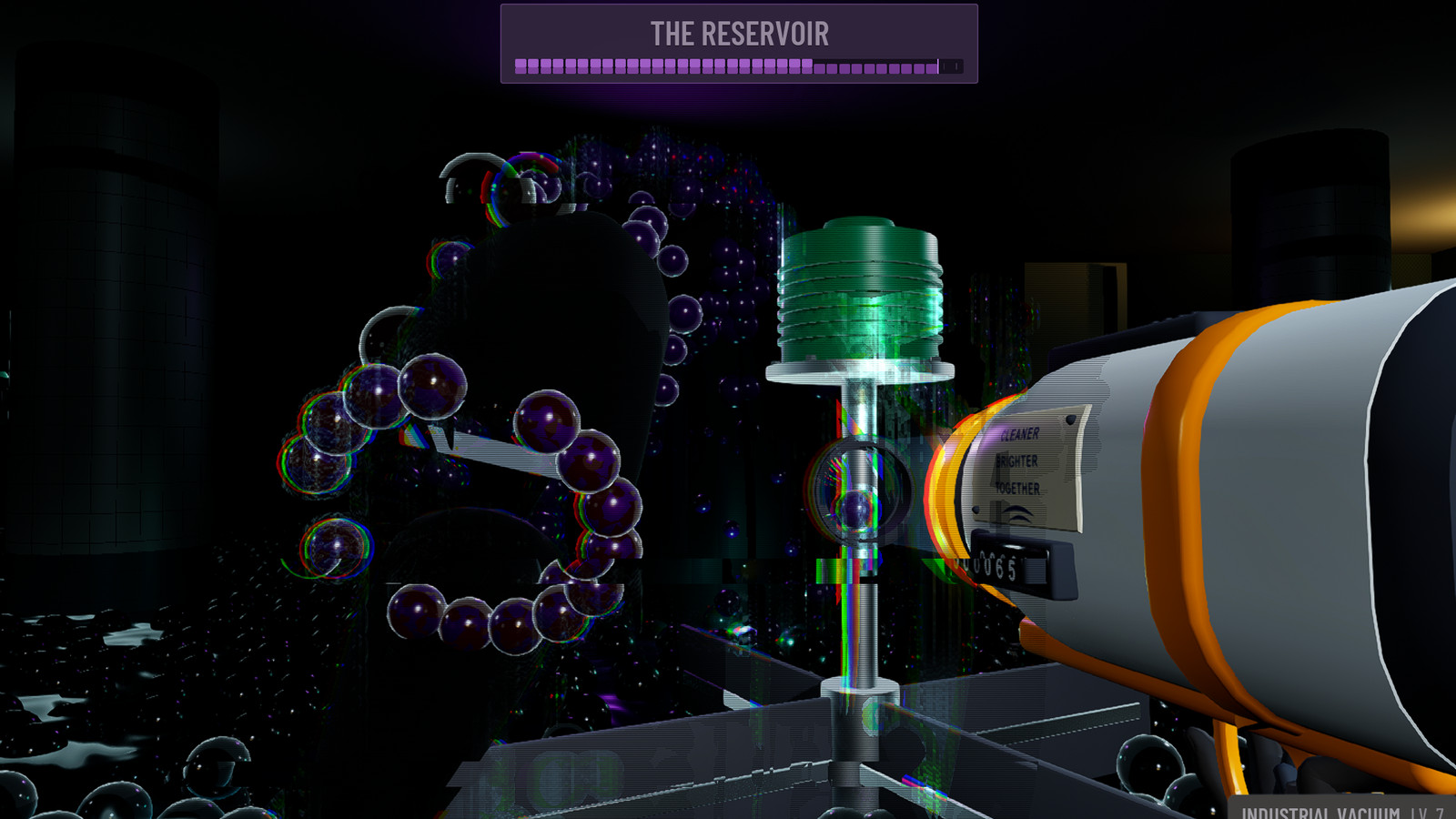 The flooded reservoir under the atrium. A violet creature built out of ball-pit balls leans out of the dark, chromatic glitch fringing across it, a health bar reading THE RESERVOIR above.