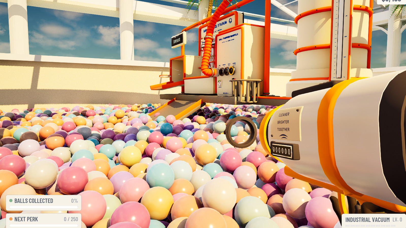 The Ball Service Station: a cream and orange silo, ball transfer manifold, hose sockets and access ramp at the edge of the pit.