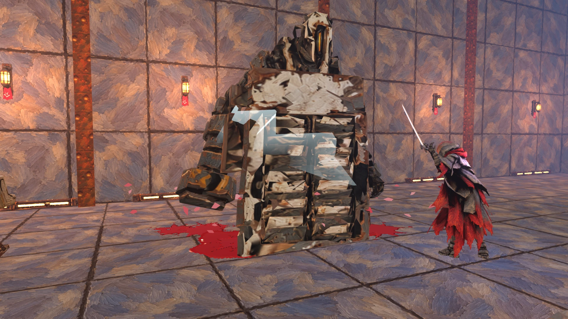The armored Foreman facing the player against a painterly stone wall