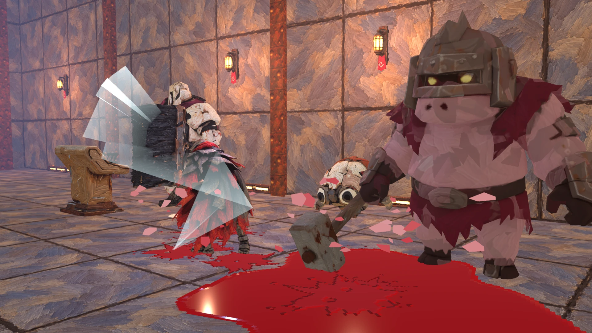 The red-hooded character surrounded by enemies and painterly stone