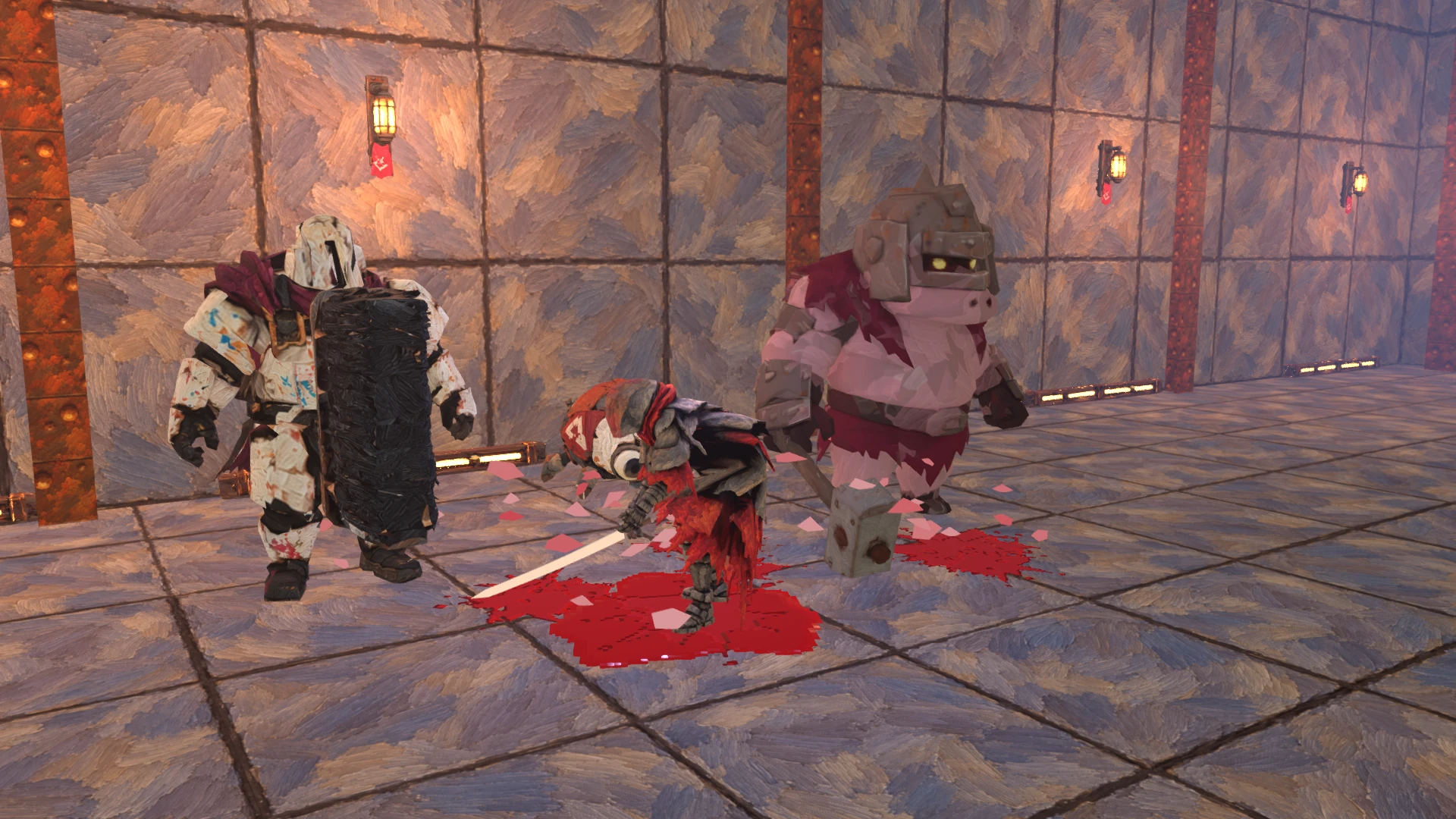 Sword combat against strange creatures amid splashes of red paint