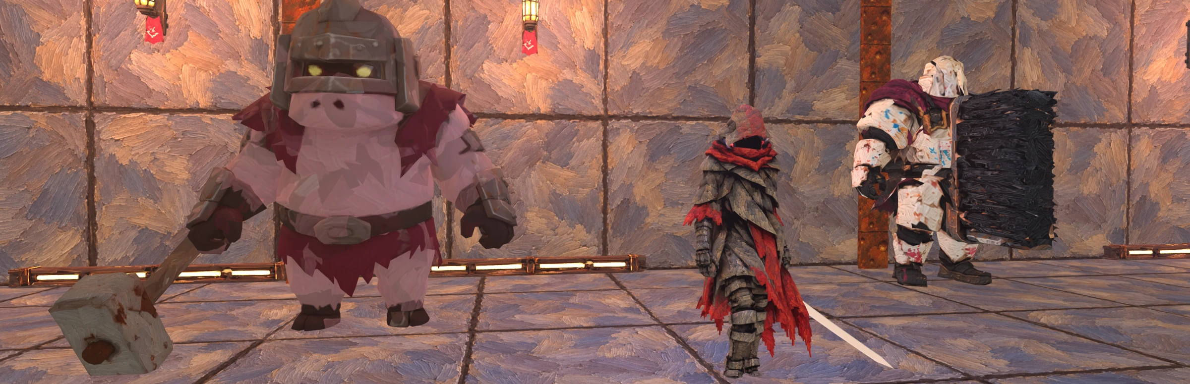 A red-hooded swordsman in a brush-textured stone chamber