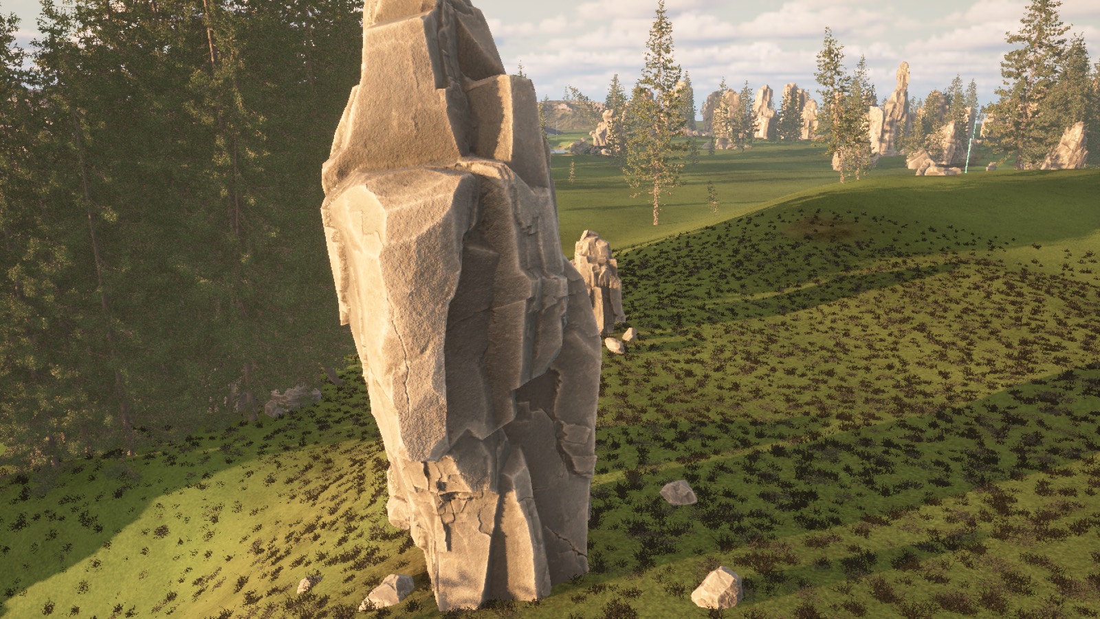 A tall weathered stone monolith on a green slope, with a field of similar spires beyond.