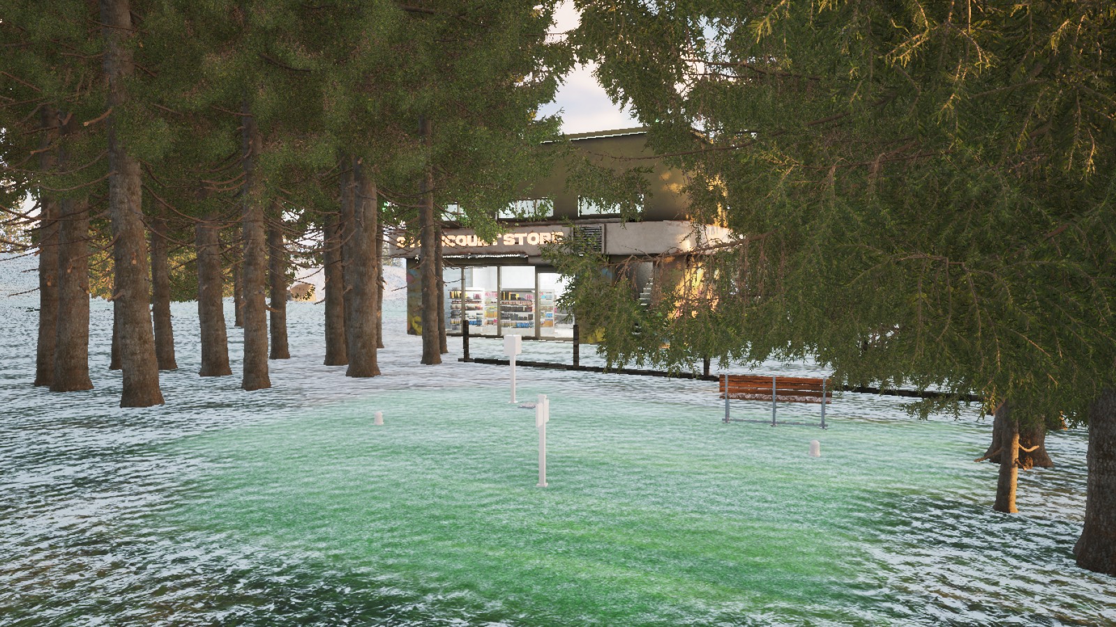 An abandoned pro shop storefront seen through dense pines.
