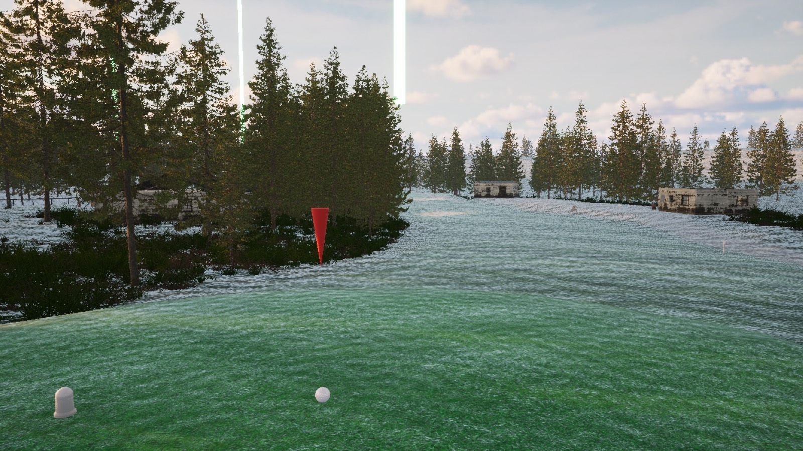 First-person view down the first fairway with the ball teed up and a red pin marker ahead.